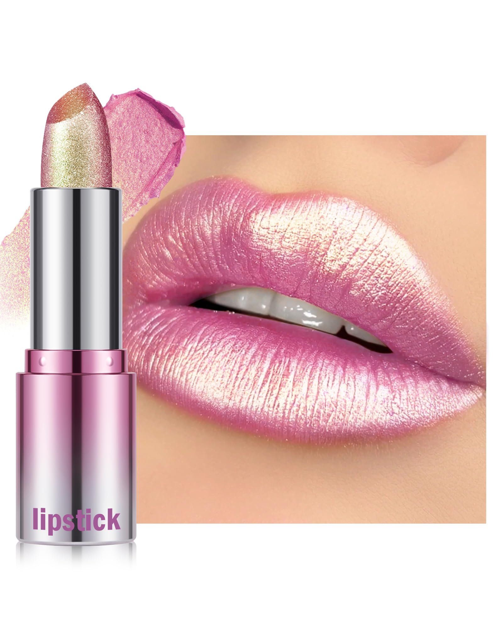 Metallic Shimmer Lipstick, Glitter Lip Gloss, Waterproof Lipgloss for Women | Pink Golden…