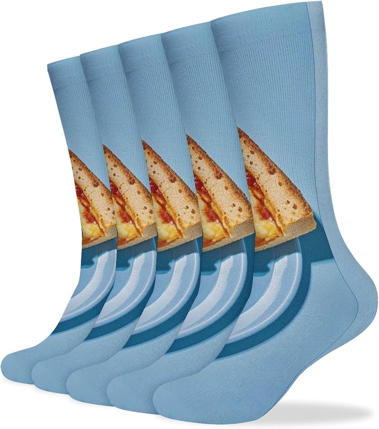 Light Blue Pizza Slice Crew Socks Cozy Casual Calf Socks Lightweight Long Work Sock Breathable Athletic Sock for Hiking Sports Running 5 Pairs