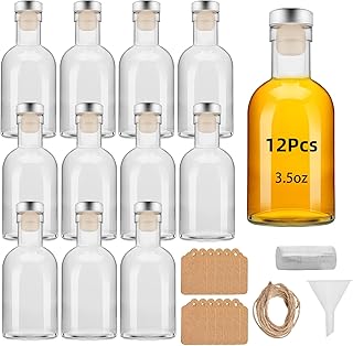 12 Pcs 3.5OZ Mini Glass Liquor Bottles with Lids Small Glass Wine Bottles Reusable Empty Alcohol with Aluminum Black Screw Cap for Christmas Birthday Weddings 100ML
