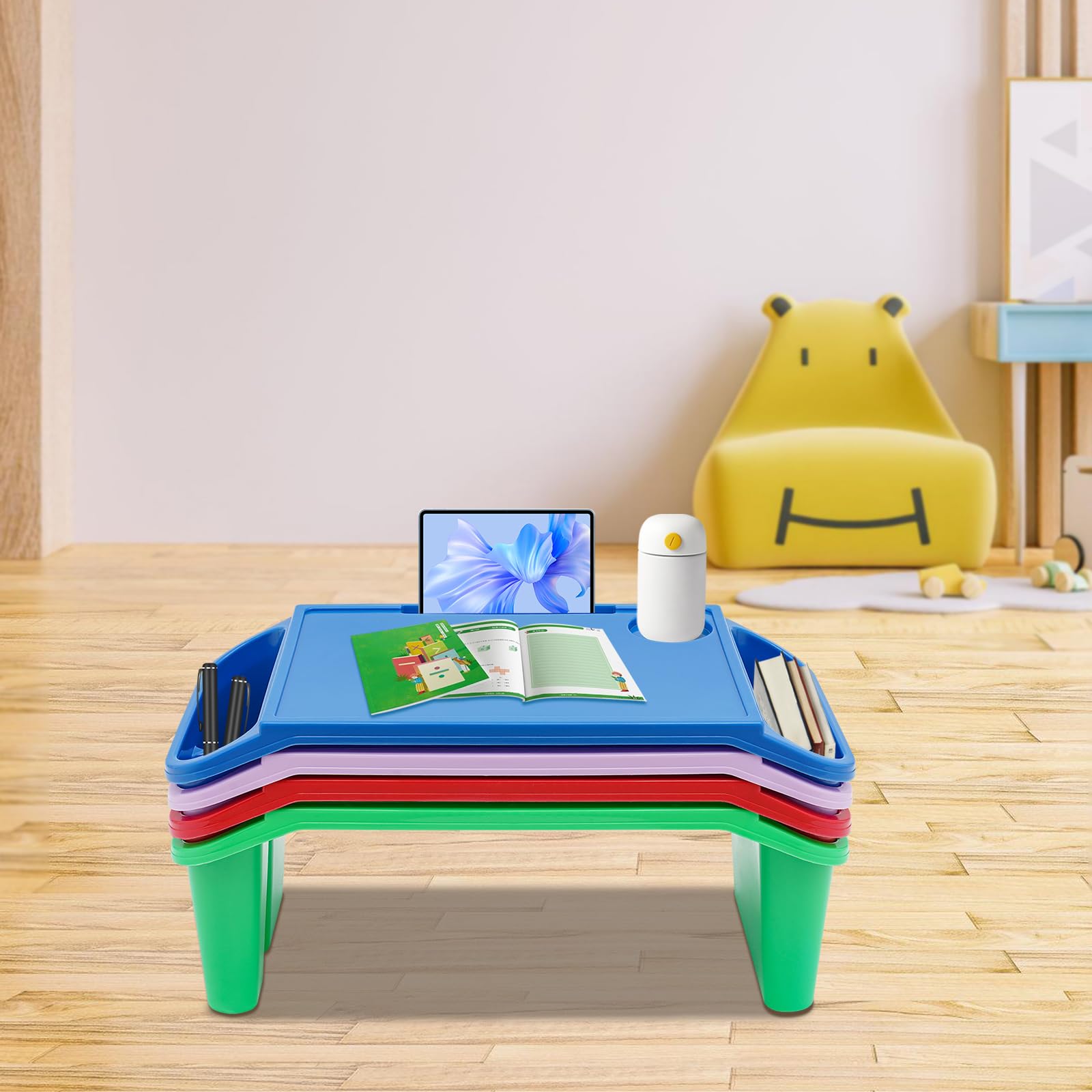 Kids Lap Desk, Portable Child Eating Tray with Storage Slots, Kids Trays for Eating, Drawing, Activity, Writing, Multicolour, 19.69 * 9.84 * 7.1in, 4 Pack