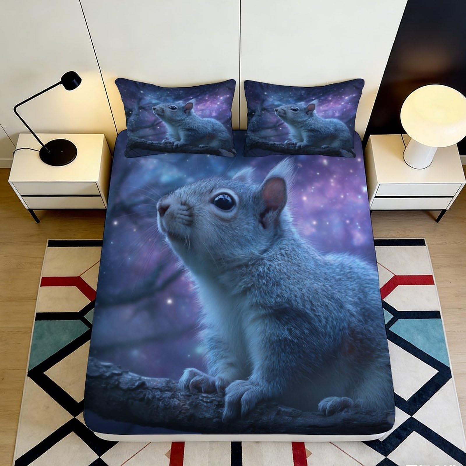 3D Printed Dreamy Squirrel Galaxy Fitted Sheet Microfiber Artistic Bed Cover for Bedroom Guest Room Decor 90x200x25cm