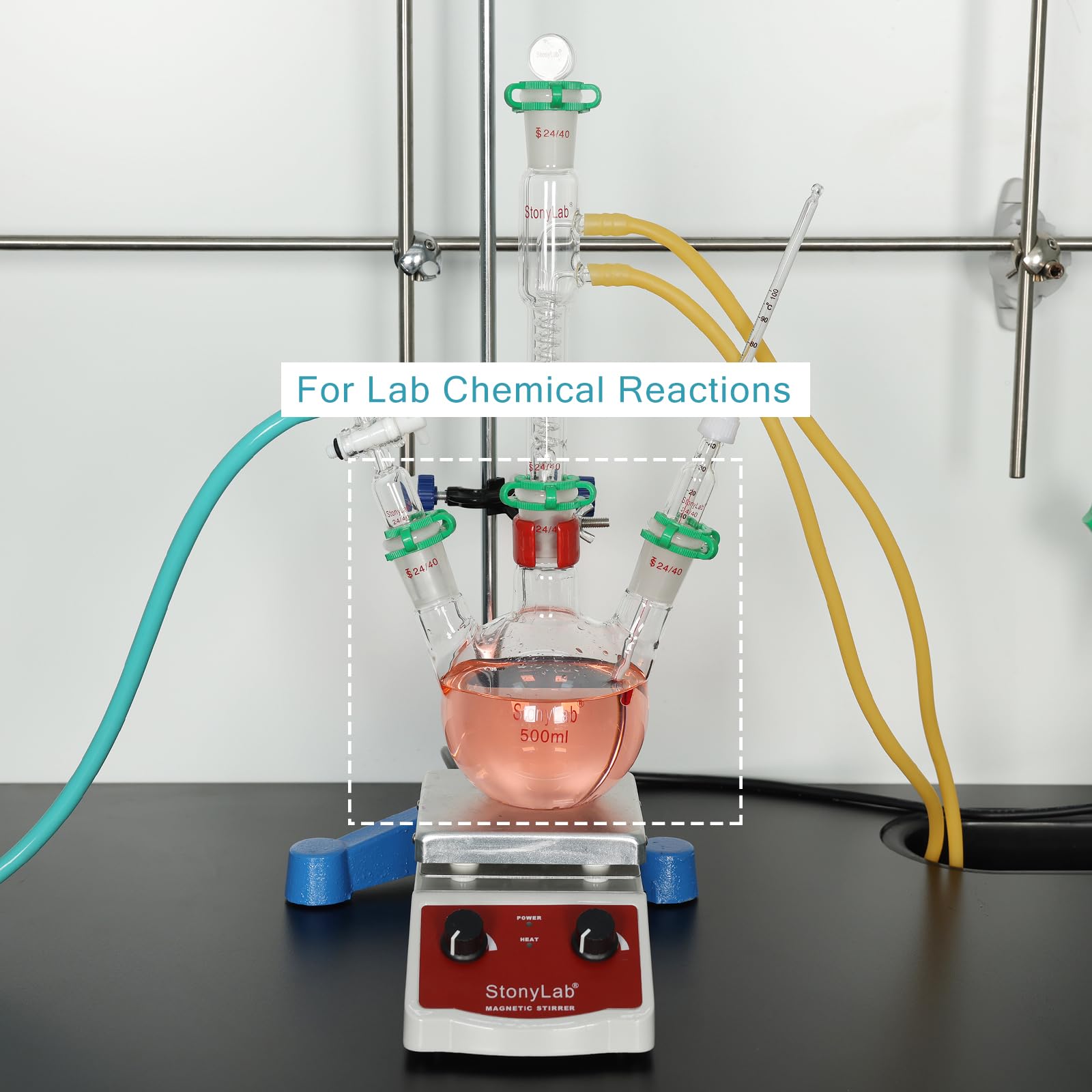 stonylab Fiole à Fond Plat à 3 Cols, Verre Borosilicate, Joint Standard 24/40, Fiole de Réaction de Laboratoire de Chimie, Capacité 500 ml