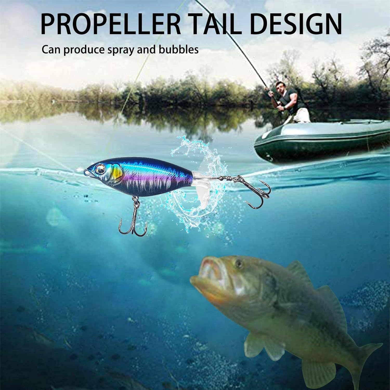 Topwater Fishing Lures for Bass, Whopper Popper Lures with Realistic 3D Eyes and Rotating Tails for Freshwater and Saltwater - 5pcs Set : Sports & Outdoors