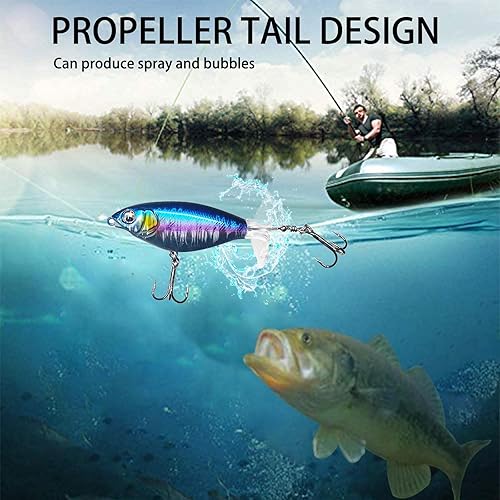 Miniatura 5 de Topwater - Señuelos de pesca para lubina, señuelos Whopper Popper con ojos 3D realistas y colas giratorias para agua dulce y salada, juego de 5