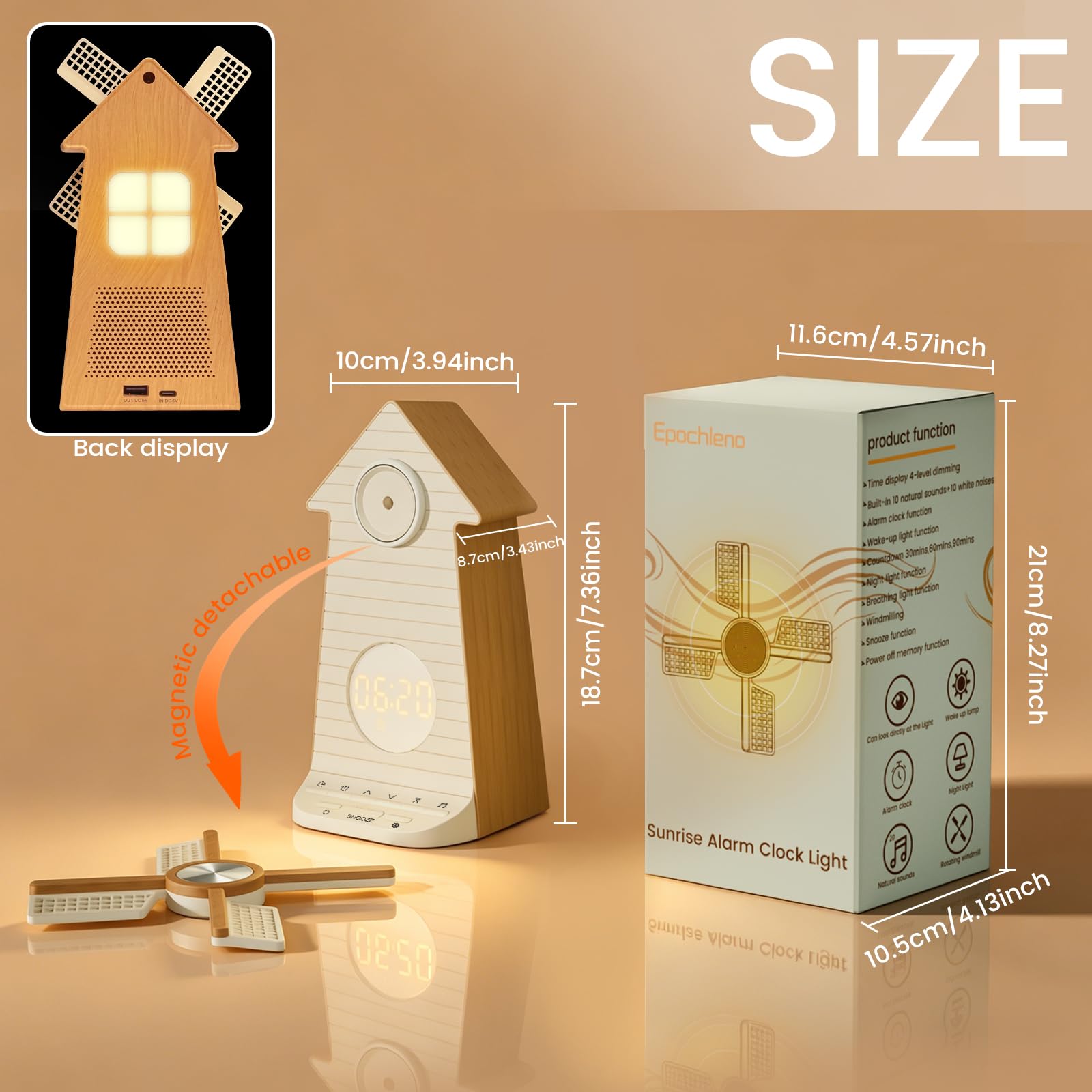 Sonnenaufgangswecker mit rotierender Windmühle, Snooze-Aufwachlicht, 10 Naturklänge & 10 Weißgeräusche, 4-stufig dimmbares Nachtlicht Timer 30/60/90 Min, Einschlafhilfe-Geschenk für Erwachsene/Kinder