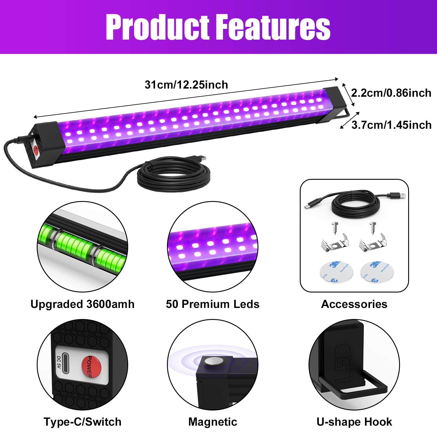 Wiederaufladbare Schwarzlicht, 31 cm 50 LEDs UV Schwarzlichtlampe mit 3600mAh Akku, 3 Modi (Hoch, Niedrig, Blinken), Type-C Ladekabel, Tragbar für Glow-Partys, Body Art und Home-Deko