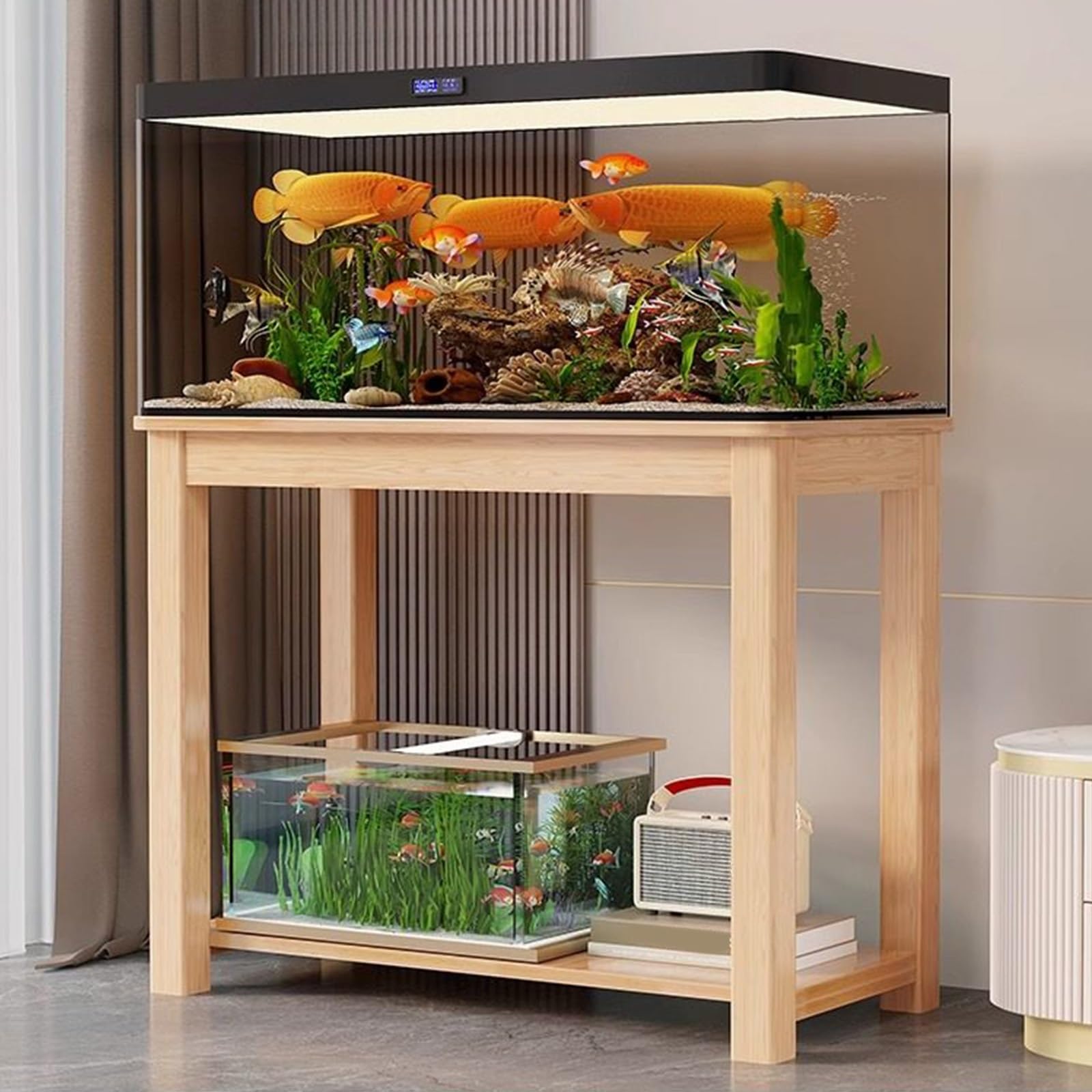 Support d'aquarium en bois massif, double étagère pour plantes d'intérieur, étagère multifonction, pour aquarium, tortue, reptile, terrarium amphibien (90 x 40 cm)