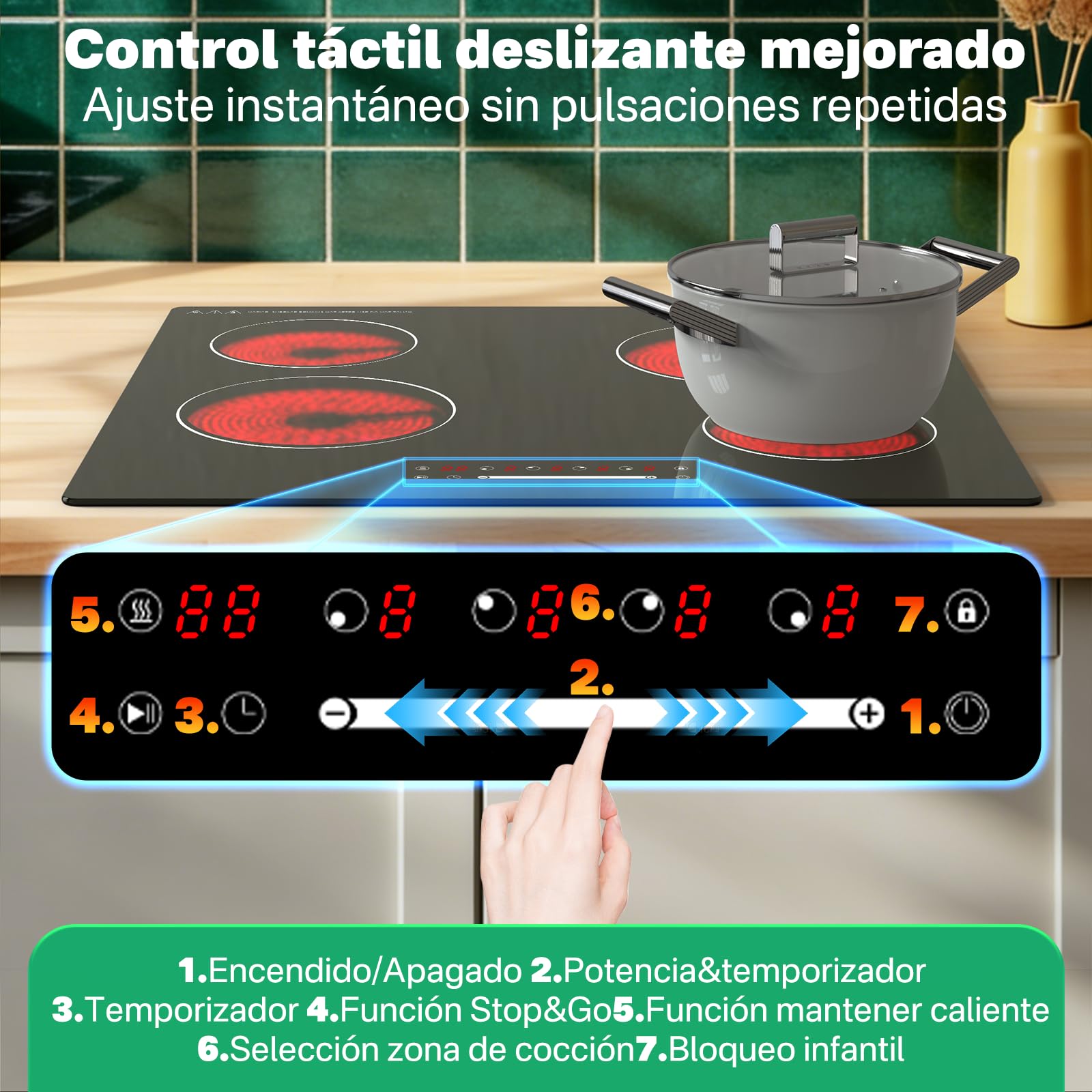 Placa Vitrocerámica 60 cm 4 Zonas, 6000W Integrable, Control Táctil Deslizante, Zonas de Cocción de Anillo Único, Sin Enchufe Conexión Directa