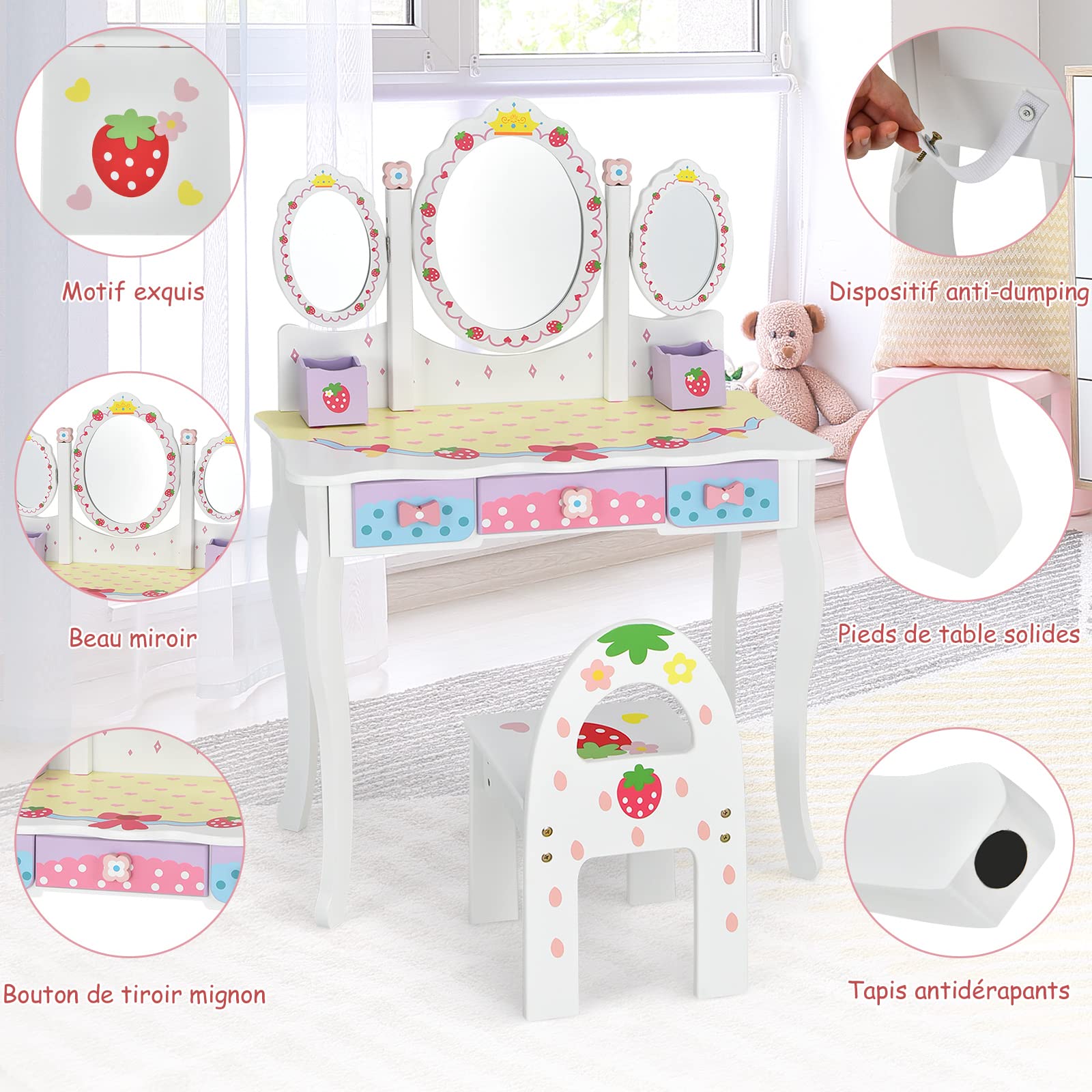 COSTWAY Coiffeuse pour Enfants de 3+ Ans, Ensemble Coiffeuse et Chaise avec Miroir Pliable à Trois Volets, 3 Tiroirs et 2 Boîte de Rangement, 70 x 34 x 105 cm, Rose…