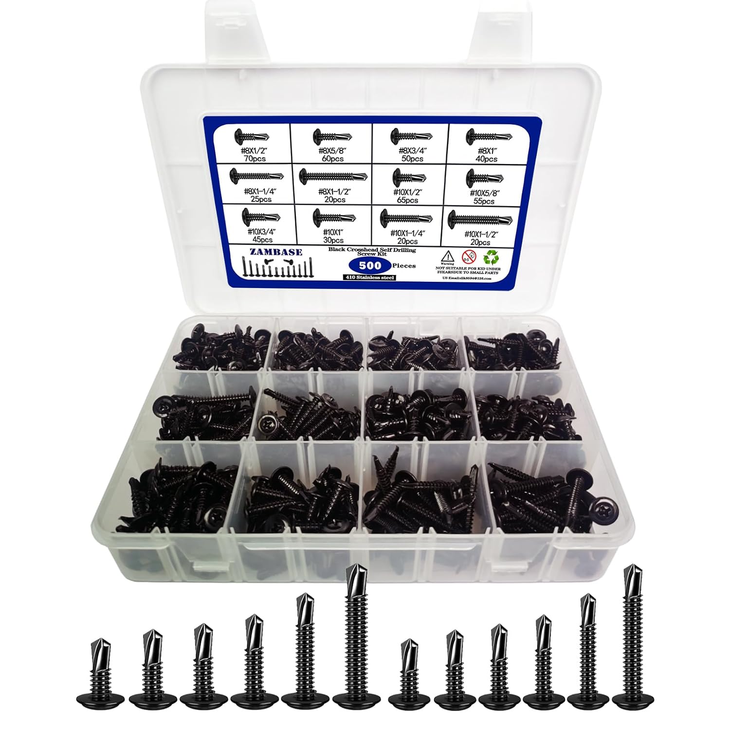 500PCS Self-Drilling Screws for Metal Sheet, 410 Stainless Steel Assortment Kit, Phillips Truss Head Black Oxide,High-Strength & Corrosion-Resistant,Size #8 & #10 (1/2" to 1-1/2")