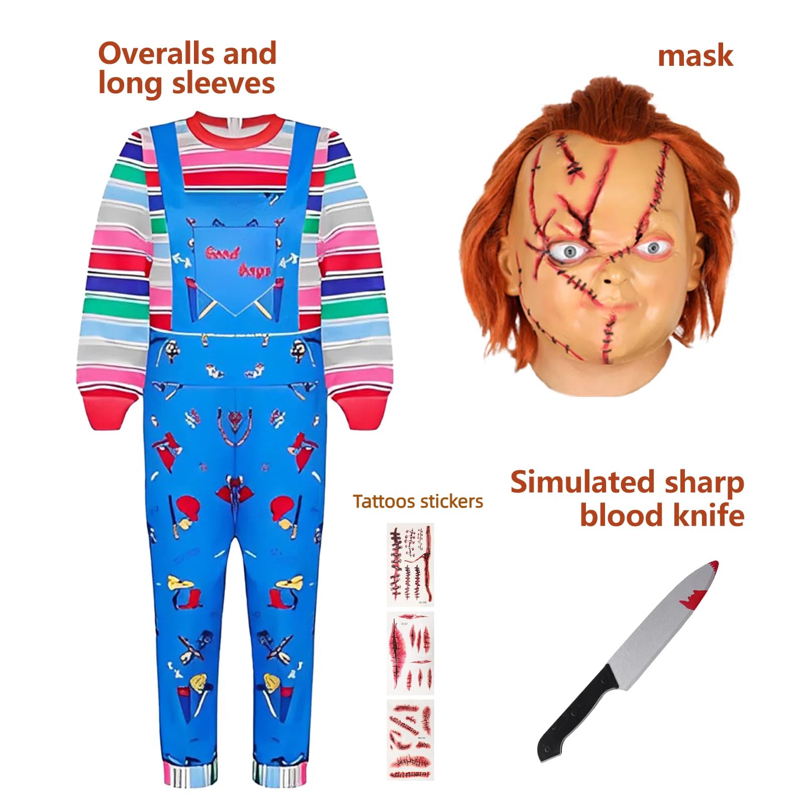 Chucky Costume per bambini, tuta Chucky con coltello adesivo per Halloween, Carnevale, Horror Killer, cosplay, ragazzi e ragazze