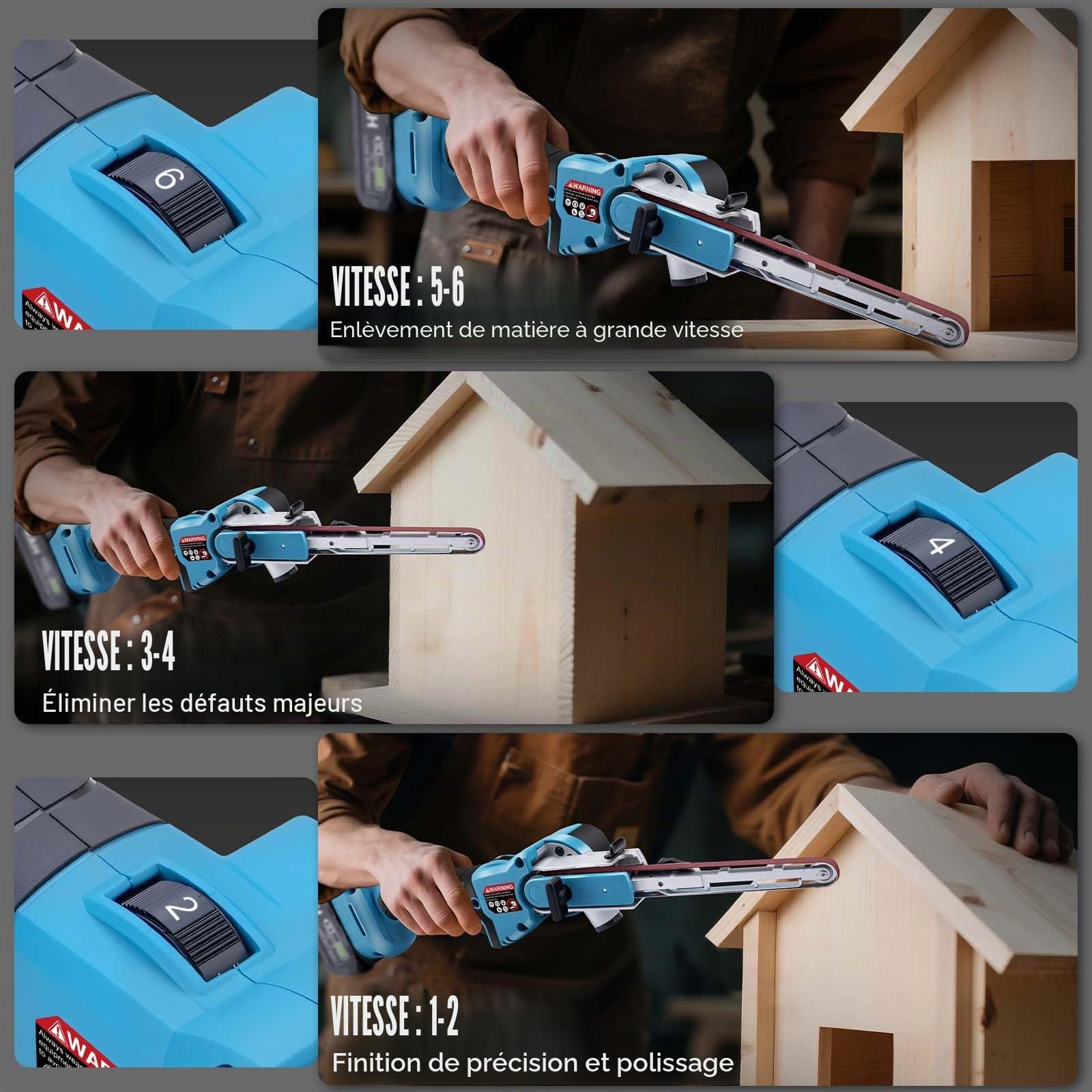 Ponceuse à Bande sans fil avec bras de ponçage de 9 mm et 13 mm | Ponceuse de Détail sans balais compatible avec Makita 18V, 6 vitesses, avec 16 bandes abrasives (40/60/80/120#) pour bois