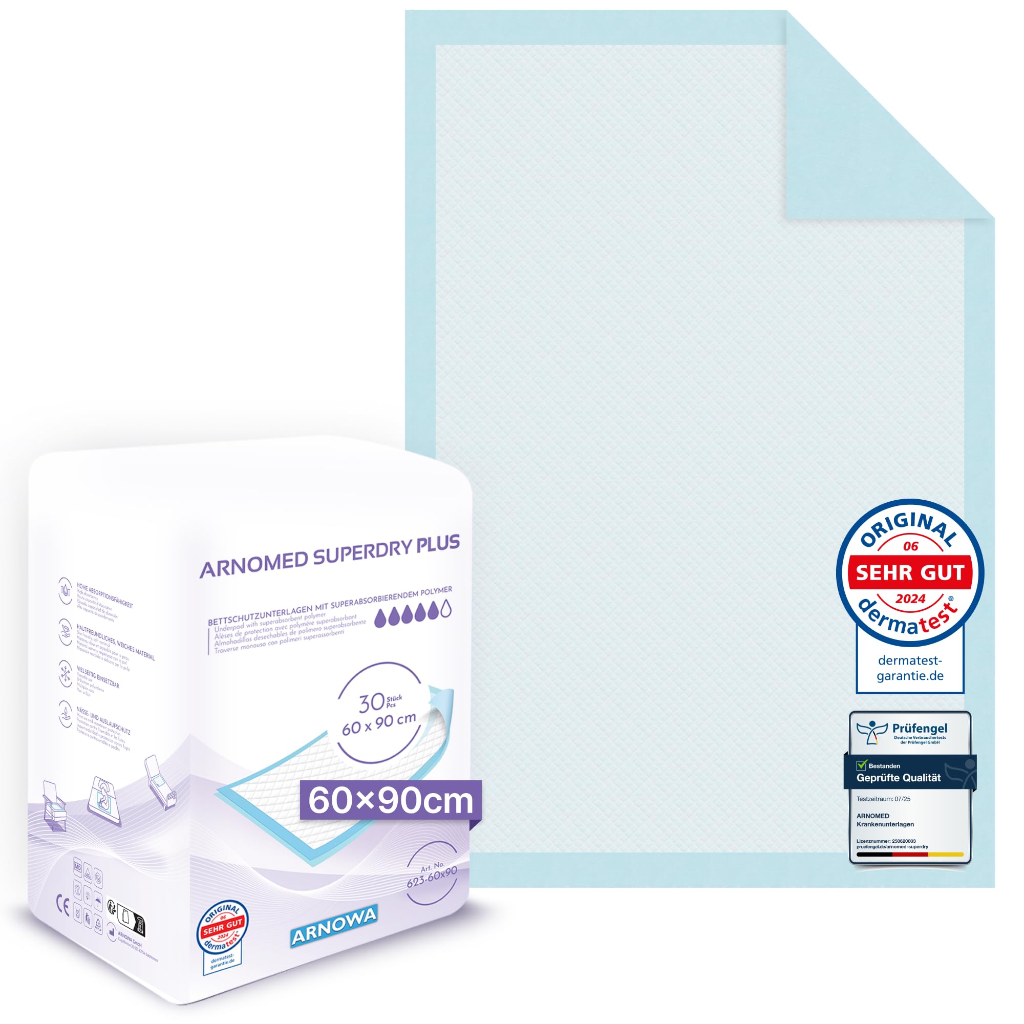 ARNOMED Krankenunterlagen 60x90cm, 30x saugstarke Inkontinenzunterlagen Einweg, Wickelunterlage für Babys, 5-lagige Zellstoff Unterlagen fürs Bett bei z.B. Inkontinenz, Wickelunterlage Einweggebrauch