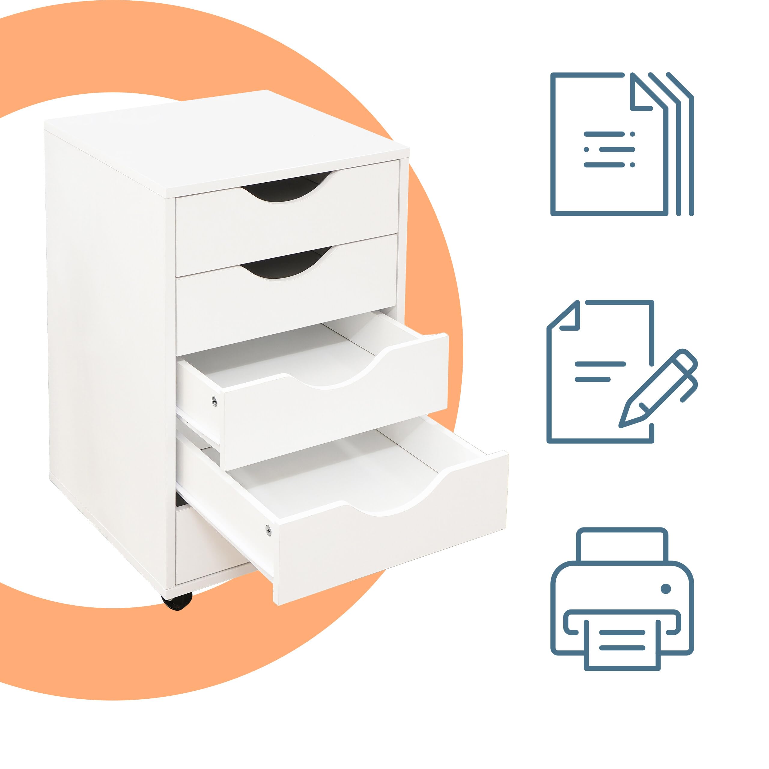 Relaxdays Cajonera con Ruedas 5 cajones, archivador para Escritorio, Blanco, 66,5x40x40 cm