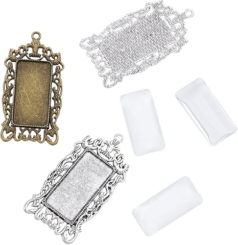 Miniatura 2 de KISSITTY 10 piezas de bandeja colgante rectangular de bronce plateado antiguo en blanco con 10 piezas de azulejos de cúpula de vidrio transparente,