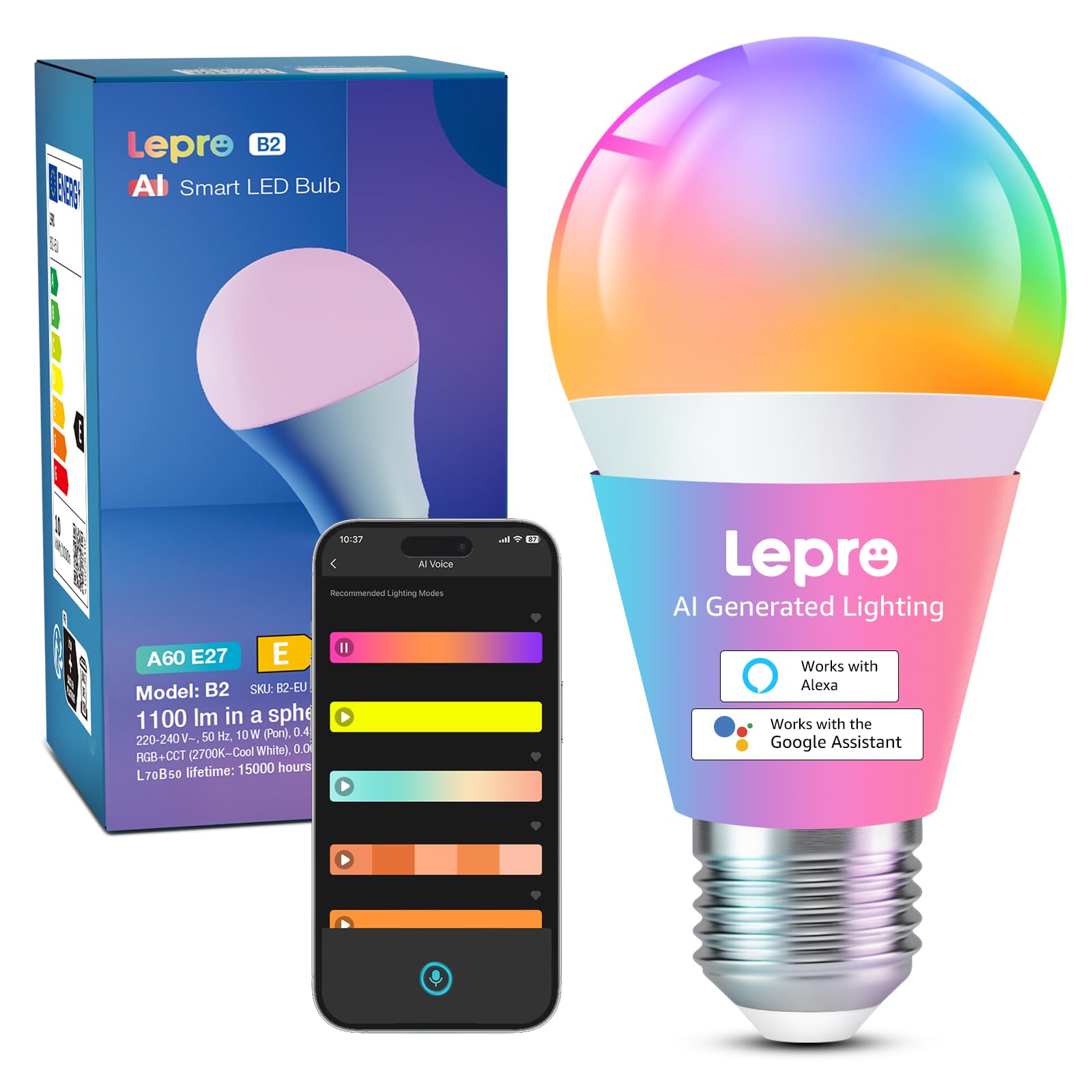 Lepro White Ai Smart Bulb E27, 1100Lm Music Sync Wifi Bulb, Colour Changing & Voice Control Bluetooth Screw Light Bulbs, Personalized Ai Lighting Designer, Work With Alexa & Google Assistant