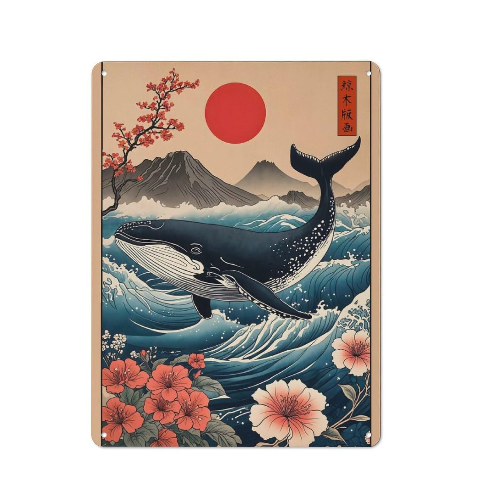 Junmoney Whale Japanese Waves Office Metal Sign With Design 40X30cm, Classic Studio Wall Plaque For Home Office, Reading Corner Or Bedroom