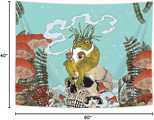 Lacoiime Tapiz de rana, diseño de calavera de animales con hongos, tapiz botánico para colgar en la pared, divertido tapiz estético para dormitorio,