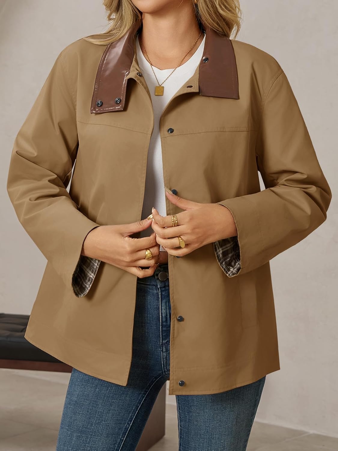 Tankaneo Womens Trench Coat Oversized Fall Barn Jacket Leather Collar Plaid Color Block Windproof Overcoat - Image 2