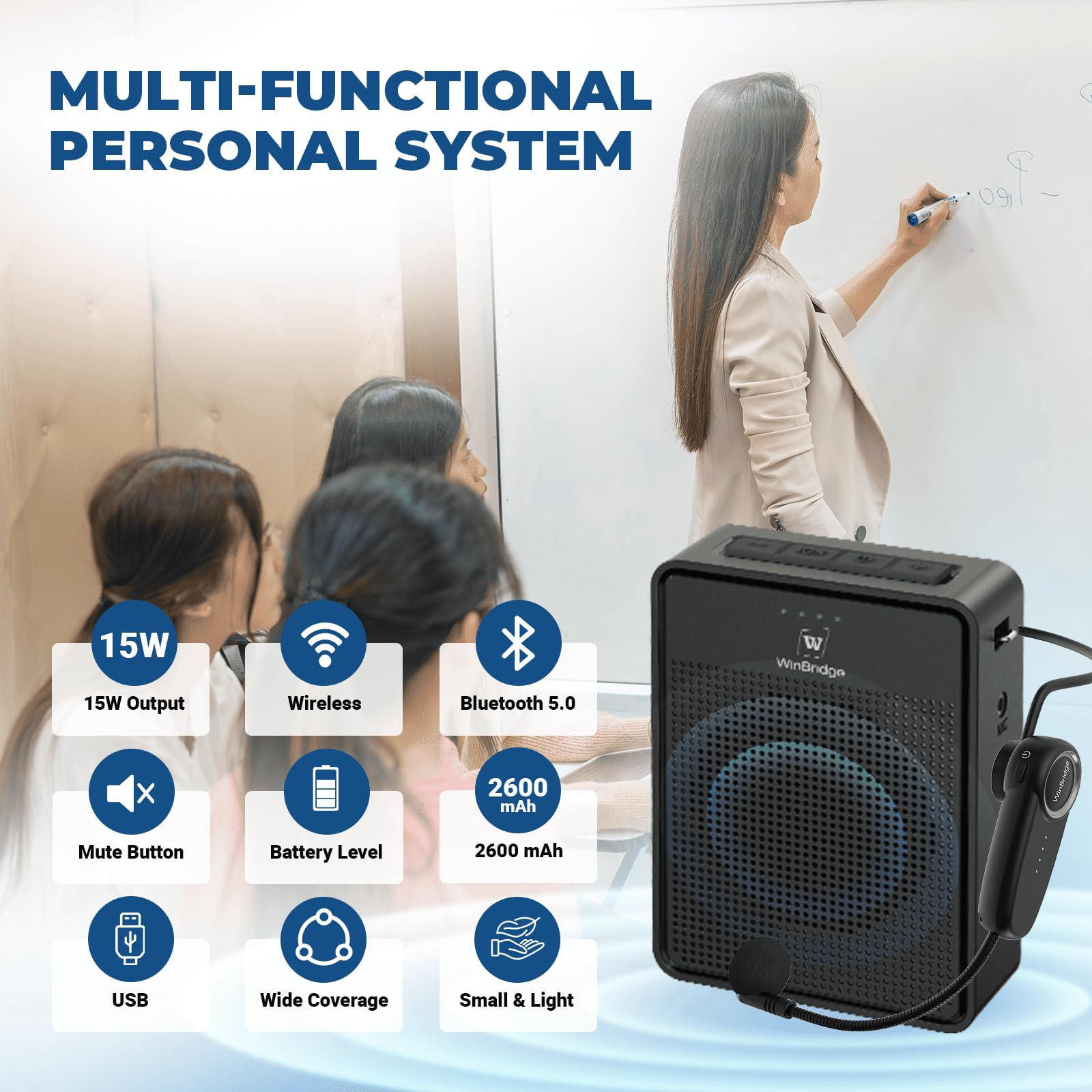 Amplificateur de voix sans fil, son original, microphone et haut-parleur ultra portable, haut-parleur mégaphone 15 W avec microphone Bluetooth, système de sonorisation personnel pour enseignants