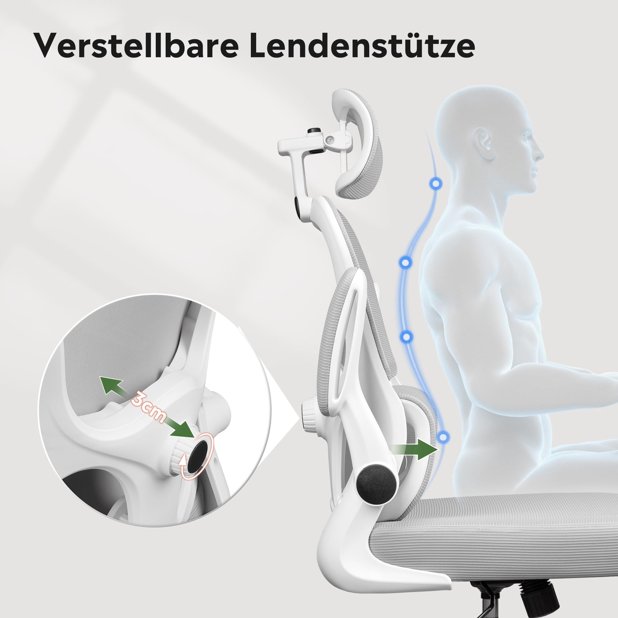 DEVAISE Bürostuhl Ergonomisch, Schreibtischstuhl mit Lendenwirbelstütze, 3D-Kopfstütze, 90° Klappbaren Armlehnen und Atmungsaktivem Netzrücken, Wippfunktion für Büro & Homeoffice, bis 150kg
