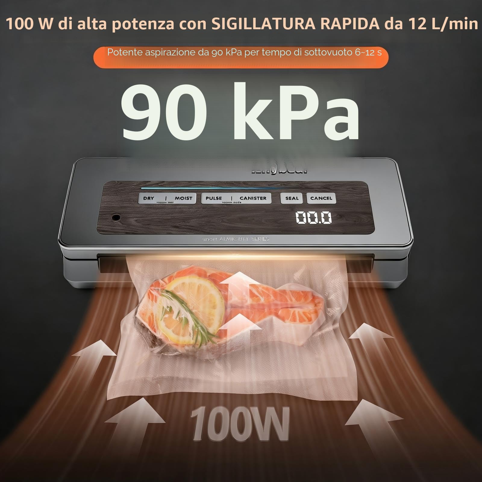 Macchina per sottovuoto, 90 kPa, 100 W, ampia tenuta, tutto in uno, potente contenitore per alimenti, taglierina integrata | Contenitore per sacchetti (Grigio A)
