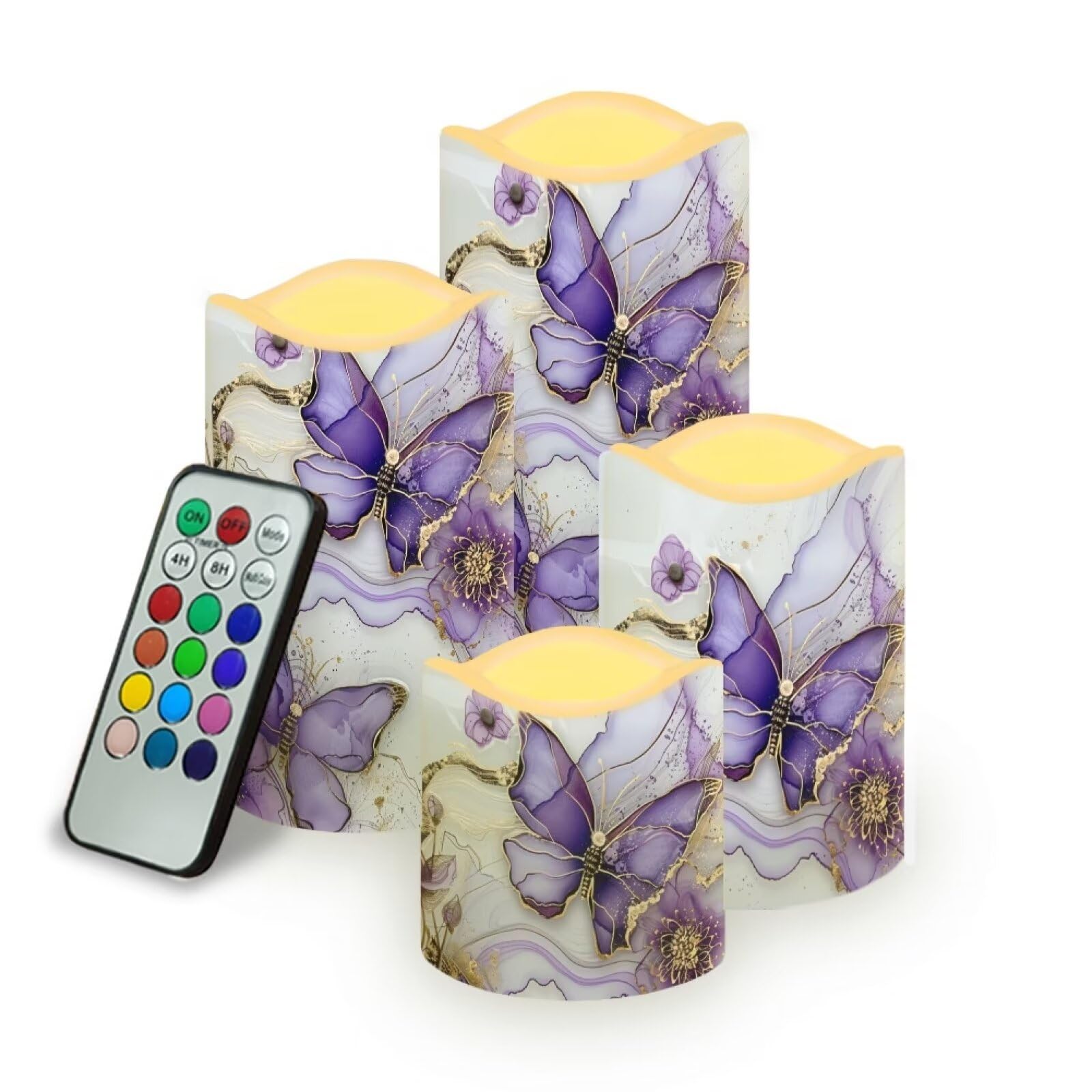 Purple Butterfly LED Pillar Candles Bulk Set of 4 with Timer Remote Color Changing Electric Fake Candles for Home Decorations