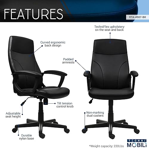Miniatura 4 de Techni Mobili Silla de oficina de piel sintética con reposabrazos acolchados, silla de escritorio ejecutiva de altura ajustable con control de