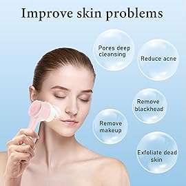 Facial Cleansing Brush 2 in 1, Face Exfoliating Scrubber Brush, Silicone Double Side Manual Face Wash Scrub Brush with Soft Bristles for Deep Pore Cleansing, Massaging, Skin Care, Pink