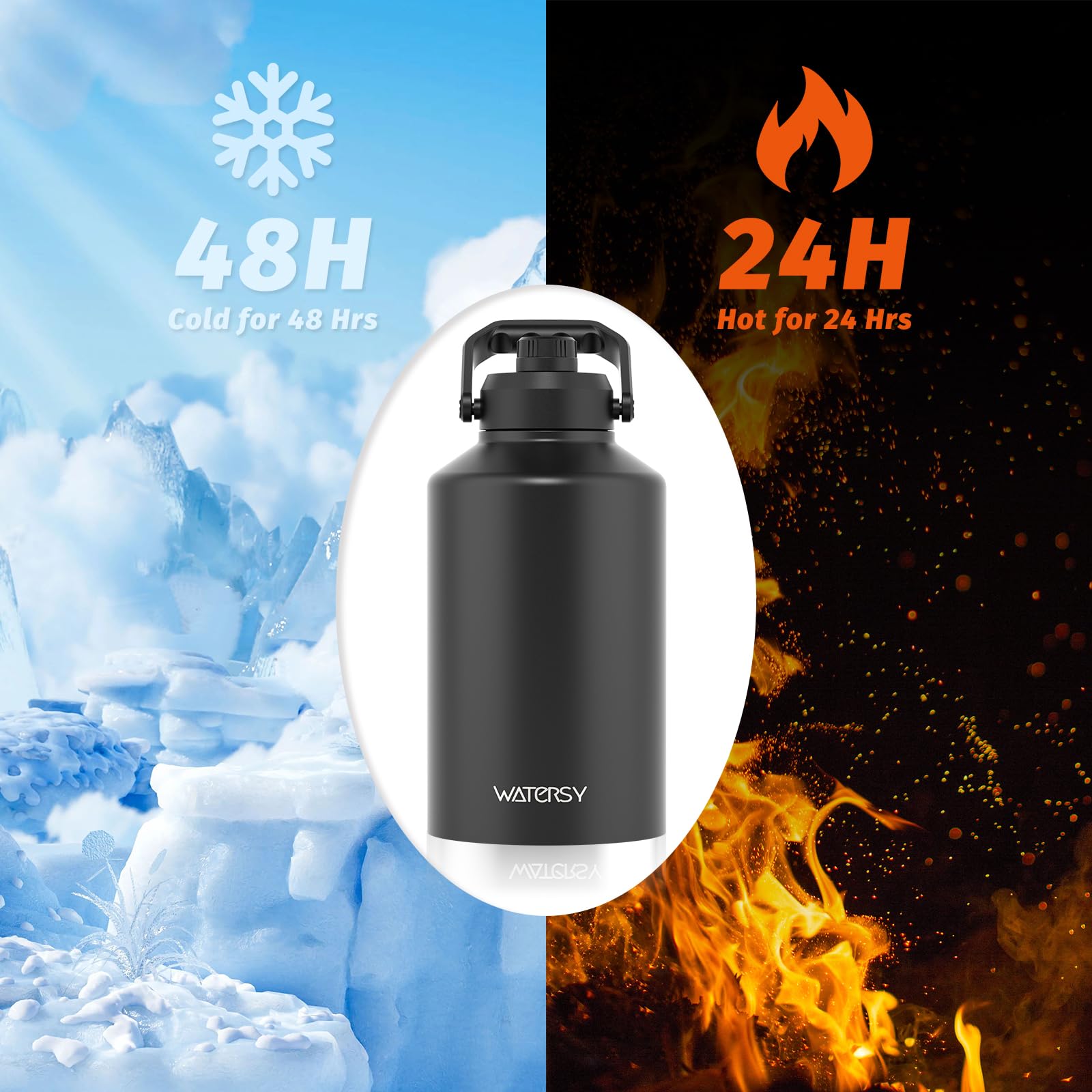 Amazon.com: WATERSY 1.5 Gallon Water Bottle Insulated(Cold for 48 Hrs),BPA  Free&Leak Proof,196oz Stainless Steel Water Jug,Big thermos,Large Water  Bottle with Handle for Gym,Hiking,Camping&Travel,Black: Home & Kitchen