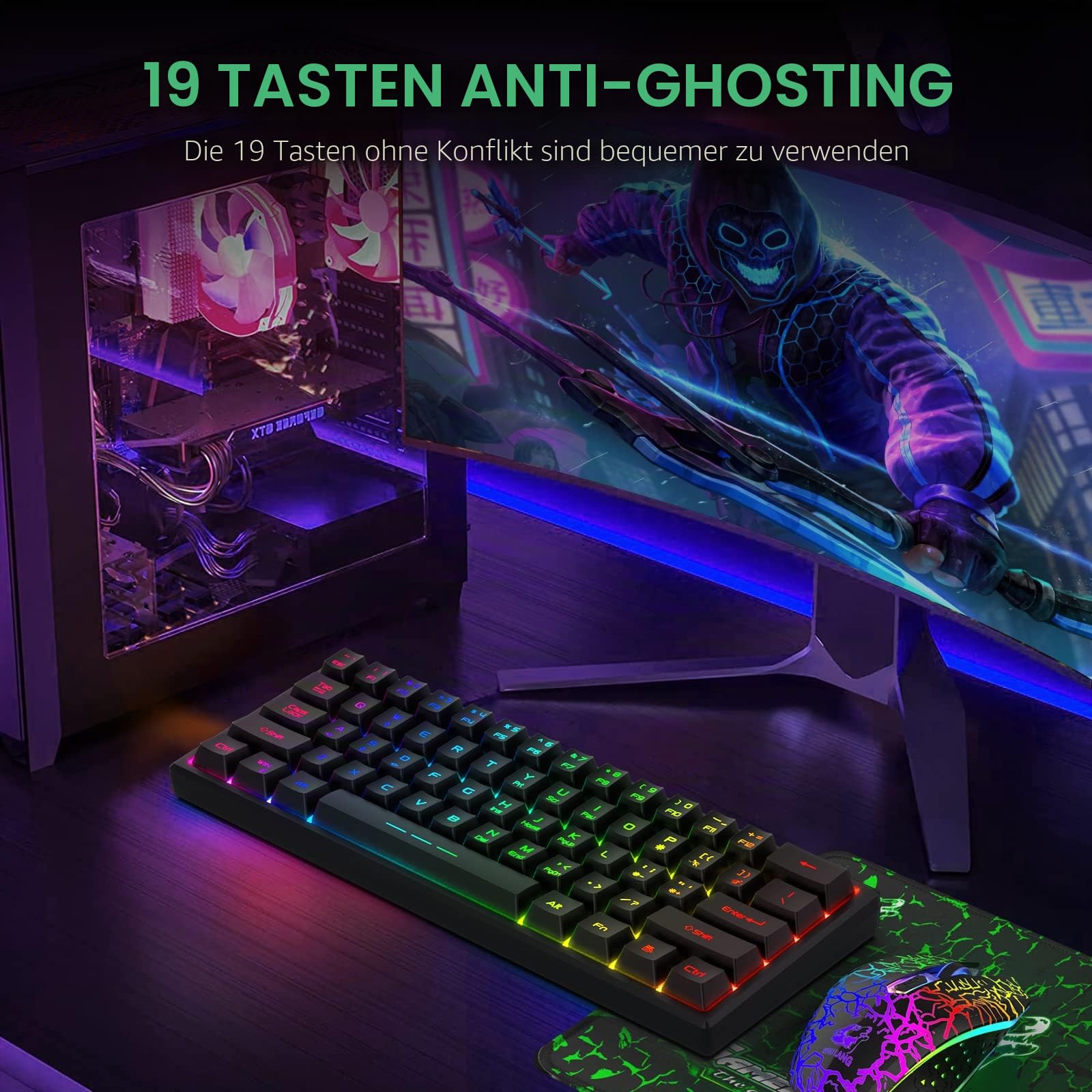 60% Kabellos Gaming Tastatur und Maus Combo Set 2,4 GHz Wiederaufladbare 3800 mAh Leise 61 Tasten Kompakttastatur mit Rainbow LED Hintergrundbeleuchtung + 2400 DPI 6 Tasten Rainbow LED Maus(Schwarz)