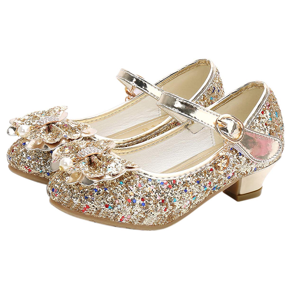 Princesse Chaussures Enfant Fille Cendrillon Sandale Talon Haut Paillette Brillante Perle Crystal Noeud Papillon Scratch Pendentif Métal Mariage Soirée Anniversaire