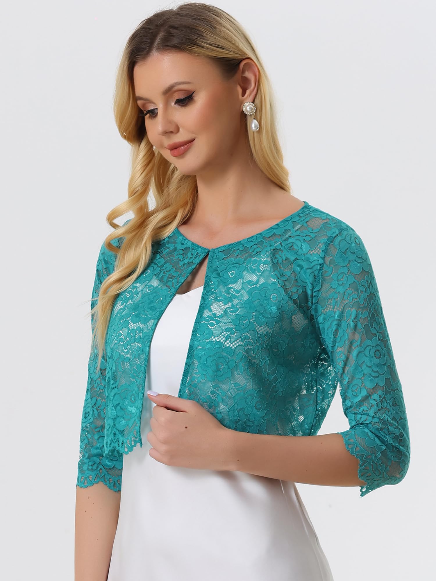 Allegra K Cardigan en dentelle ouvert sur le devant pour femme - Élégant - Motif floral - Boléro court en dentelle, vert malachite, Taille M