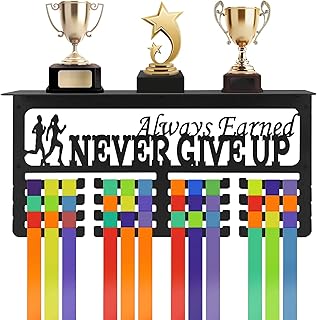 YEXEXINM Metal Medal & Trophy Display Shelf, Never Give Up Medal Hanger Display with Trophy Shelf，Medal Holder and Trophy Display Hanger Rack Frame Wall Mount Medal Hanger - Holder Over 70 Medals