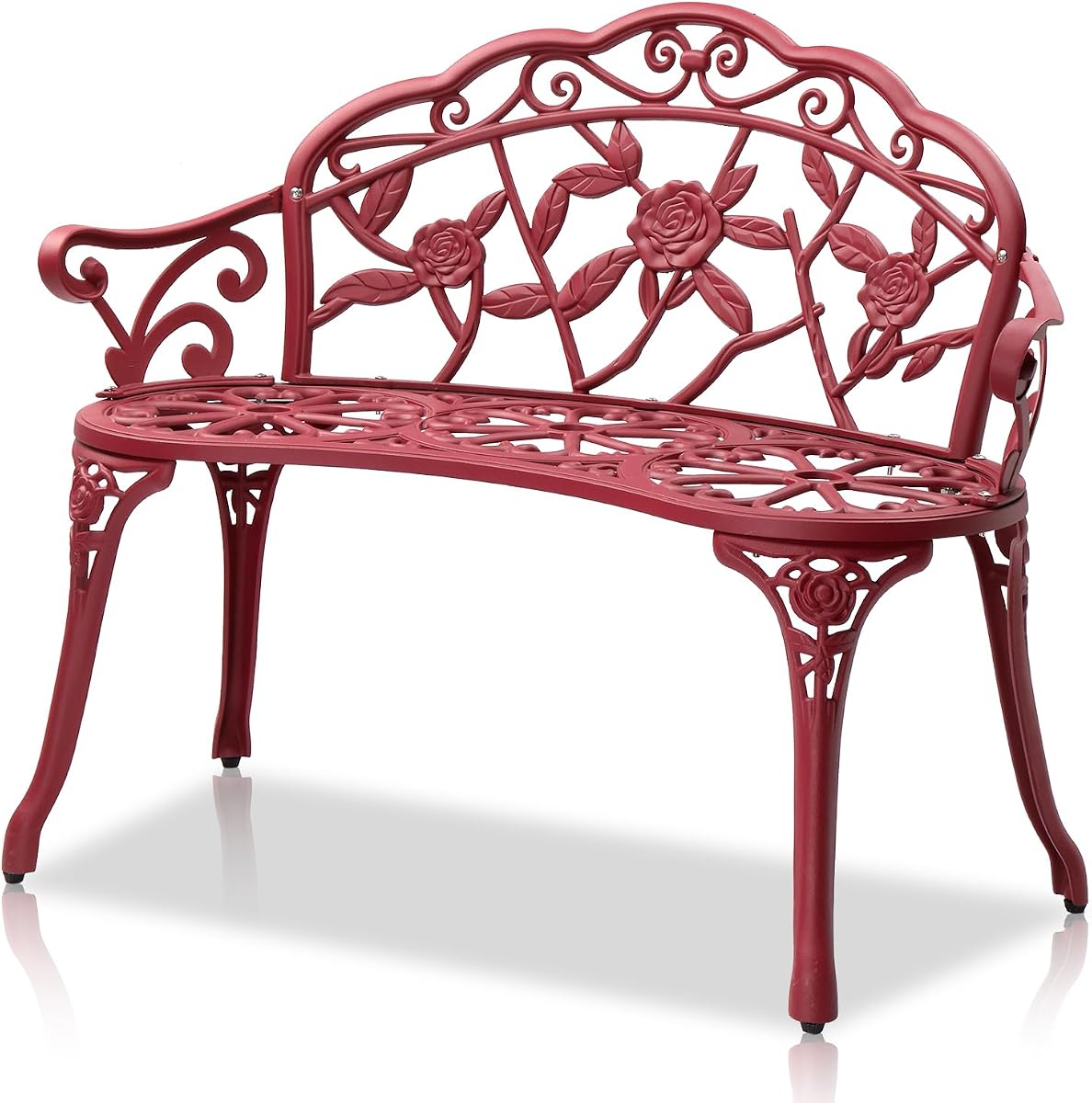 Bonnlo Banco de exterior para patio de 38,5 pulgadas, banco de jardín de aluminio de hierro fundido antioxidante con silla con acabado de patrón de rosa, banco de entrada, asiento para 2 personas para patio, césped, patio trasero