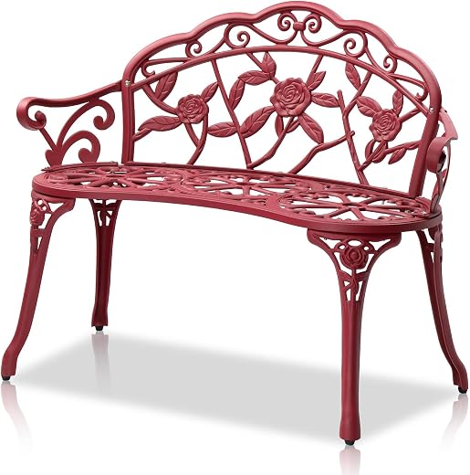 VINGLI 38.5" Patio Park Garden Outdoor Metal Rose Bench,Cast Aluminium Frame Antique Finish Chair,Accented Lawn Front Porc...