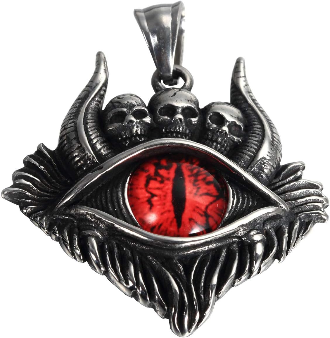 PAMTIER Men's Stainless Steel Vintage Evil Eye Demon Skull Head Oxhorn Pendant Necklace - Image 2
