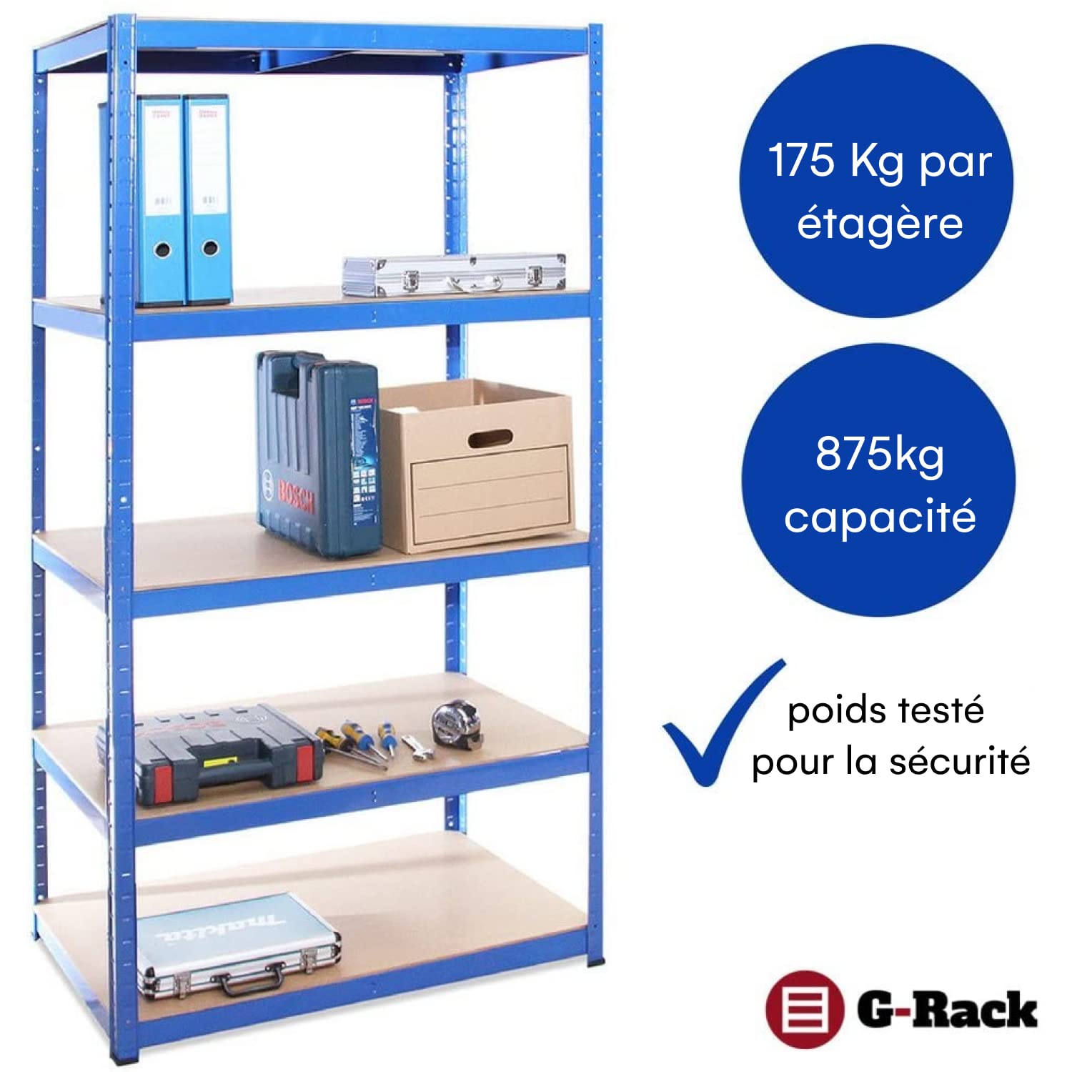 Étagère Garage Acier G-Rack 150x75x30 Cm - 5 Niveaux 175 Kg Par Niveau - Garantie 5 Ans