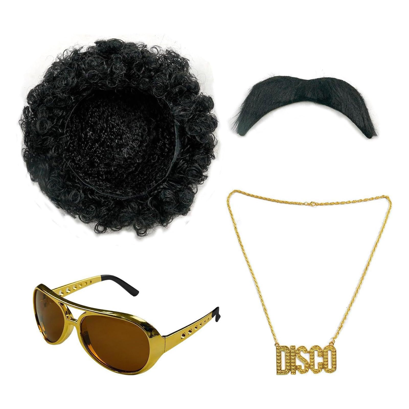 80Er Jahre Outfit Herren Retro Kostüm 6 Stück Disco Set, Hippie 70Er Silvester Hemd Und Schlaghose Mit Perücke Sonnenbrille Schnurrbart