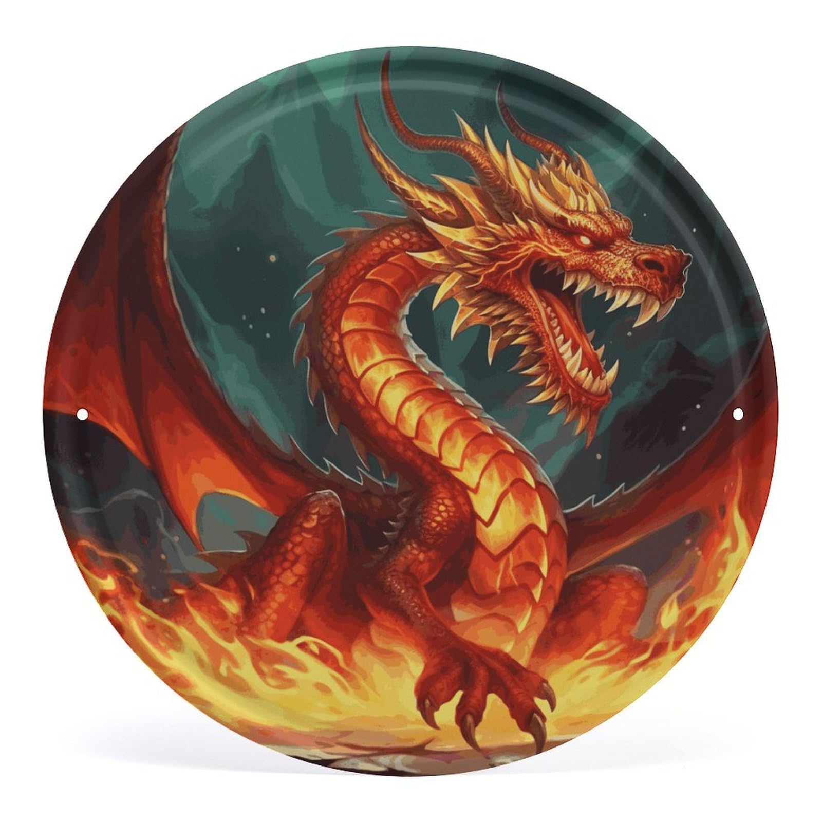 Fodpand Style Dragon King In Fire Round Wall Art Hanging Decorations, Wall Decor Modern Minimalist Artwork, Tin Sign Hanging Picture For Living Room, Bedroom, Office, Hallway, 11.8X11.8 Inch