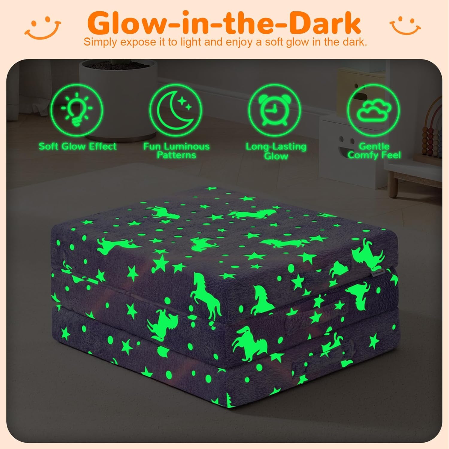 MeMoreCool Foldable Floor Mattress for Kids, Glow Unicorn Trifold Mat, Kids Folding Mattress Portable Futon, 57x22 Inch Purple
