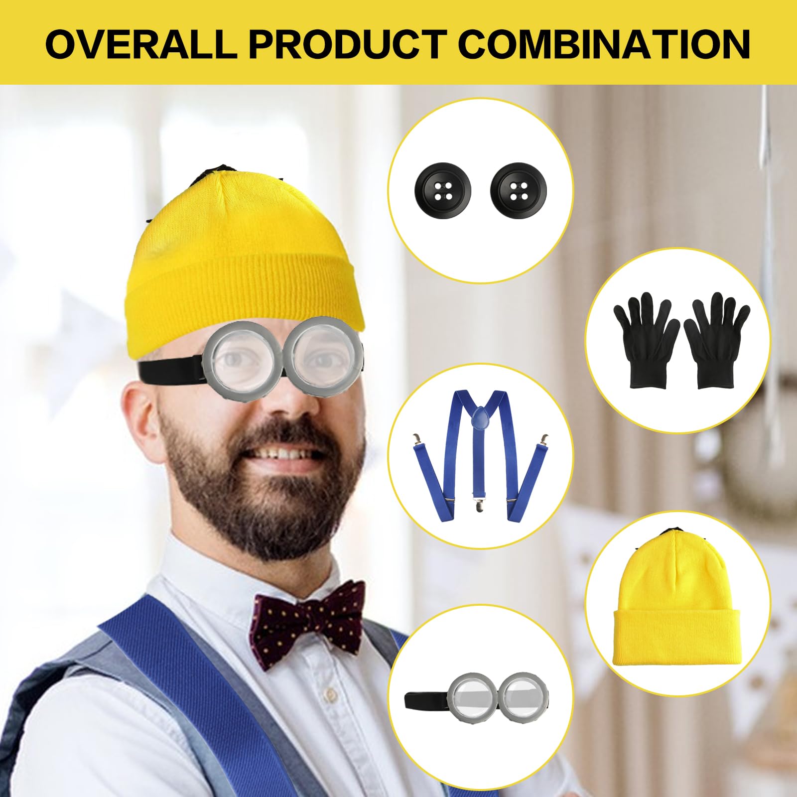 7 Set Funny Fancy Dress Costume, Yellow Beanie Knit Hats, Goggles, Black Gloves, Blue Straps & 2 Buttons - Image 4