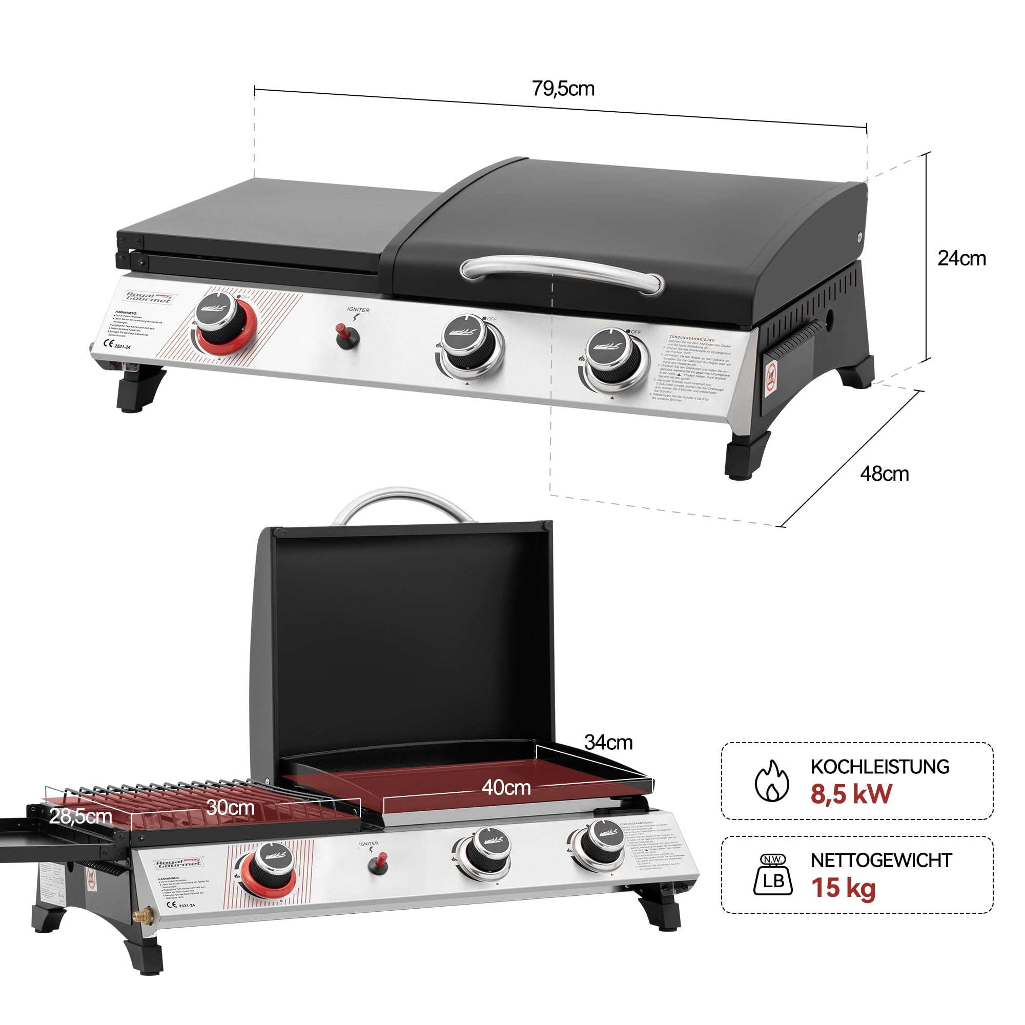 Royal Gourmet 8,5 kW Gasgrill, 3 in 1 Tischgrill mit Grillen, Braten, Kochen, 3 Brenner Tragbarer Picknickgrill Campinggrill mit Klappbare Seitenablage Schwarz