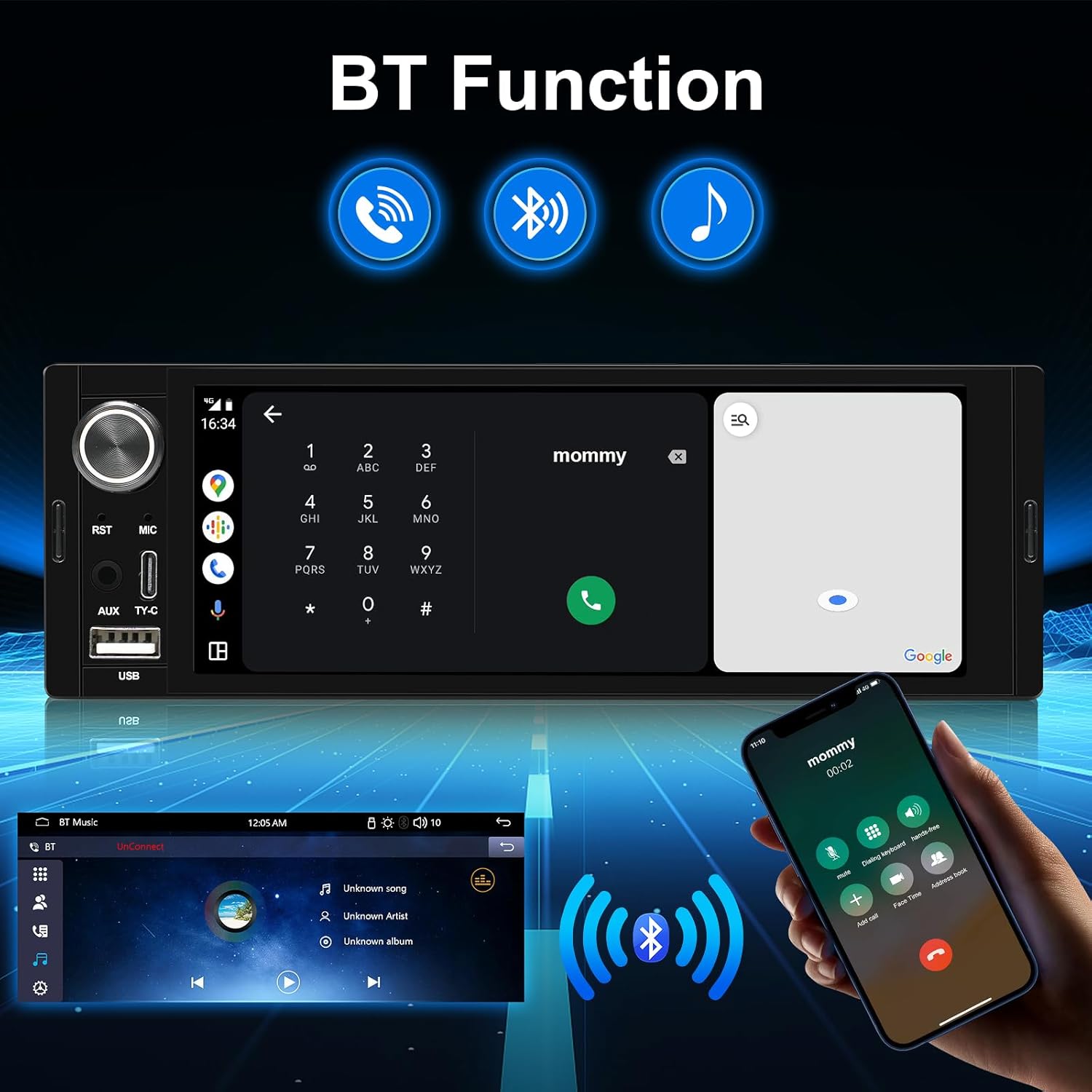 Car stereo display showing Bluetooth functions for calls, music, and device connection, with a phone making a call.
