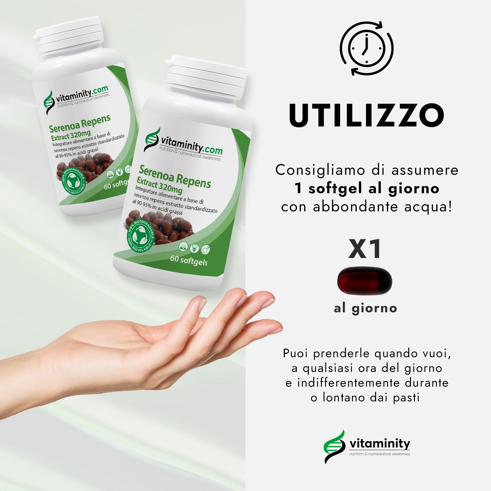 Serenoa Repens 320 mg - 90-95%, Integratore contro l'Ingrossamento della Prostata e la Caduta dei Capelli, a Base di Serenoa Repens - Formato da 60 Capsule Softgel