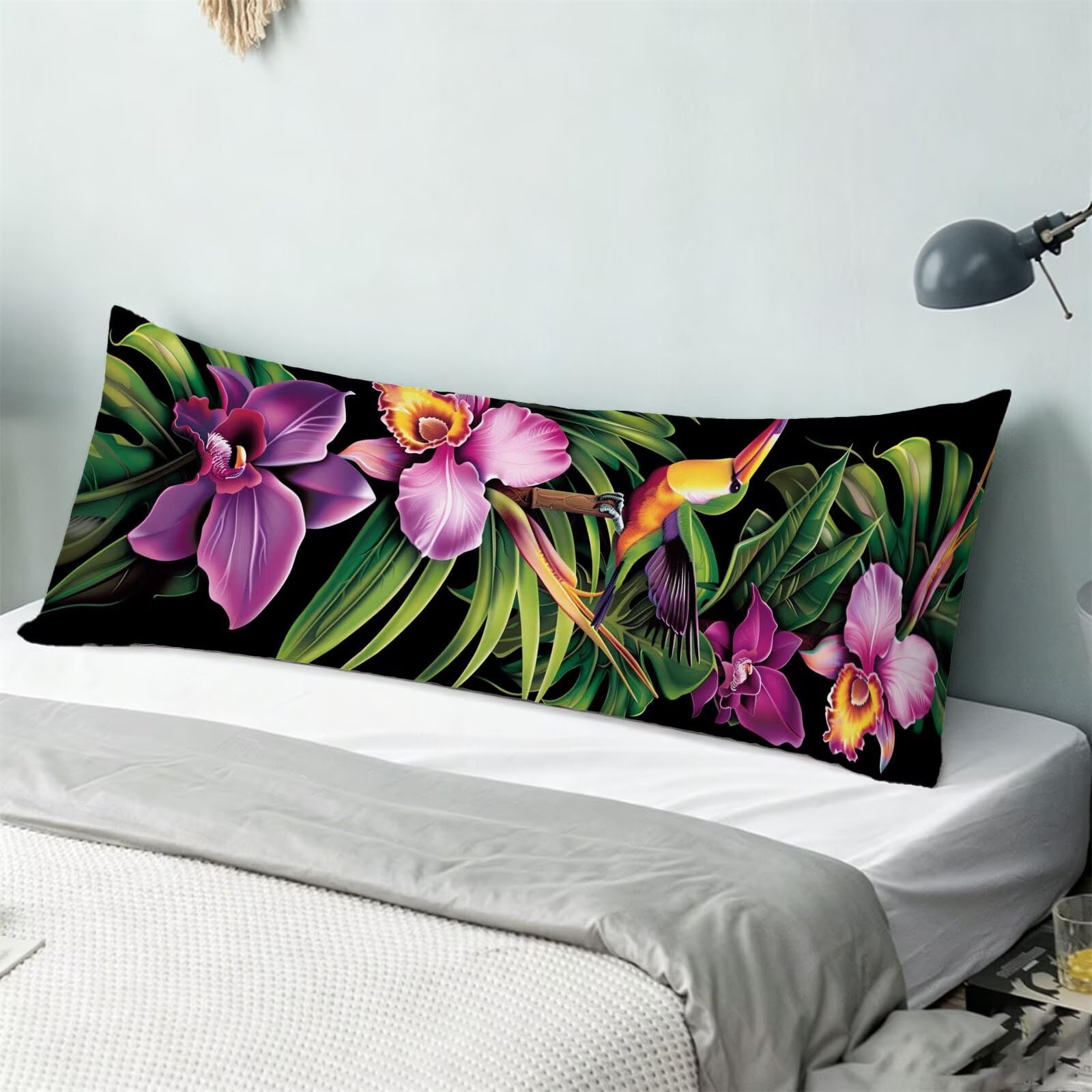 Funda de Almohada 60 x 180 cm Verde Protector Almohada 180 cm con Cremallera Invisible, Lino Durable y Transpirable Pillow Case Largas Flor Impresión a Doble Cara para Cama, Sofá y Dormitorio dg-464