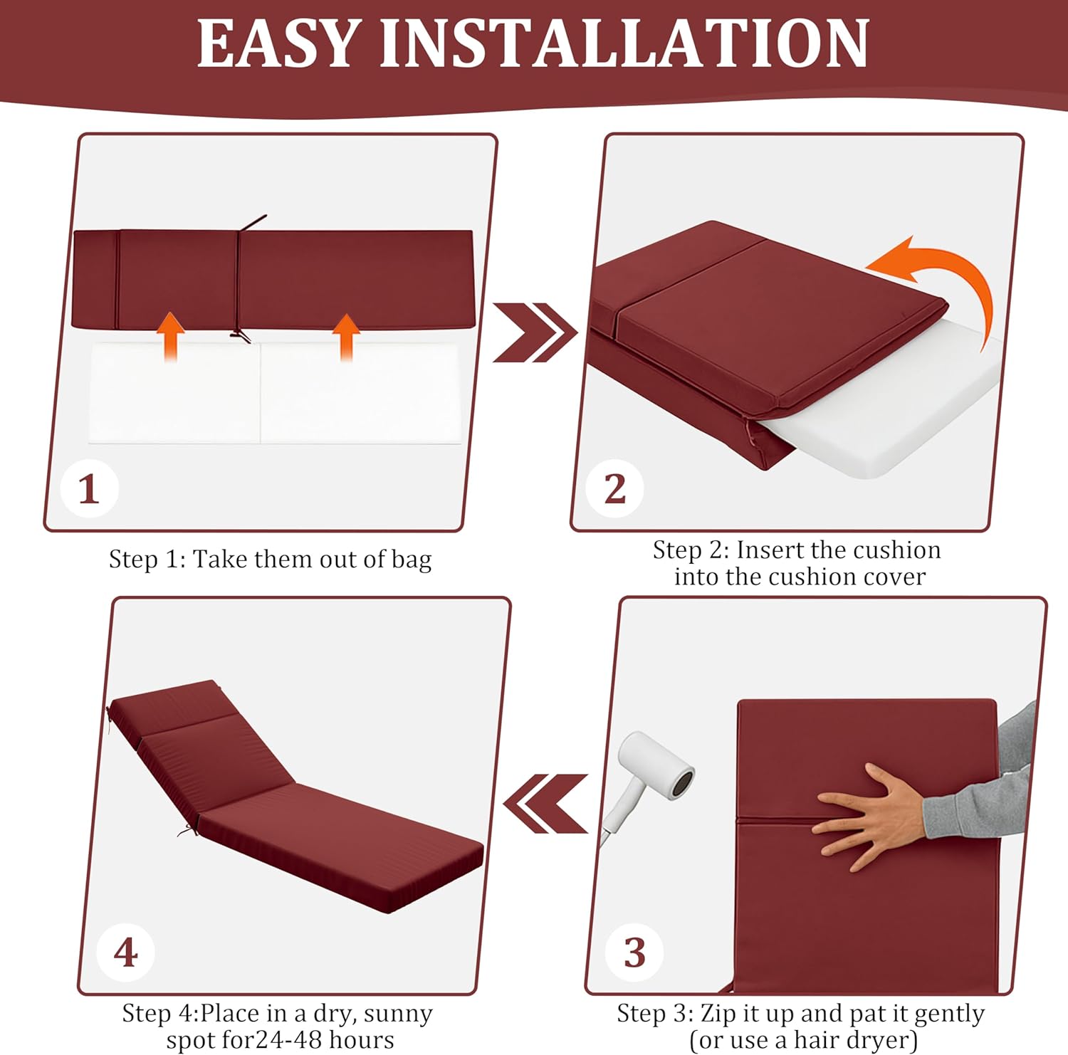 Chaise Lounge Cushion for Outdoor Furniture, Waterproof Fade and Tear Resistant Lounge Deck Chair Cushions for Patio Lawn Pool Resort Hotel