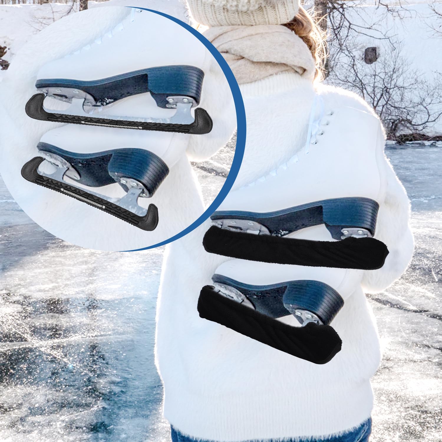 Protège-lames Pour Patins à Glace - Paire élastique, Ajustable Toutes Tailles, Transport Facile, Noir