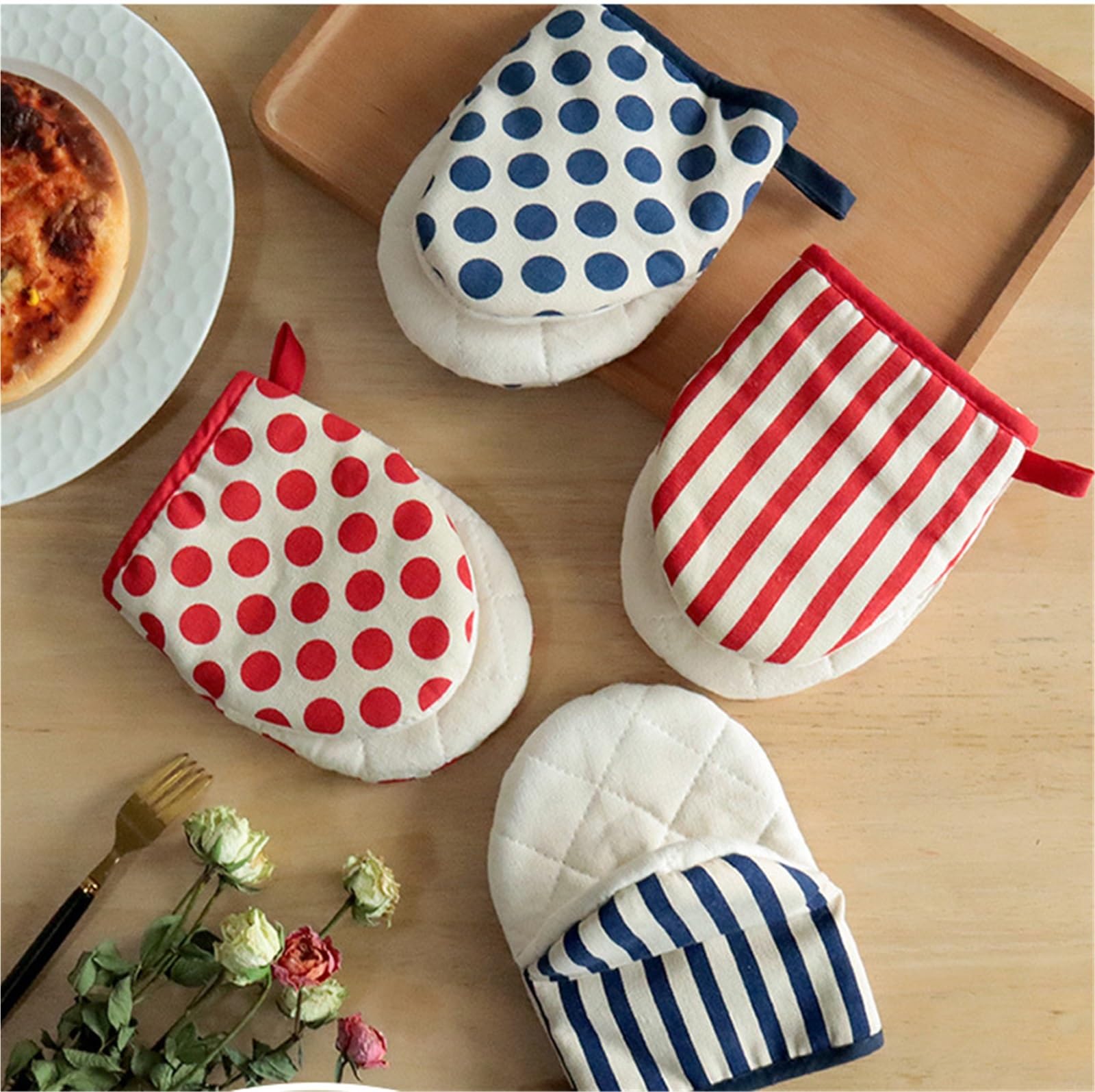 Rękawice do Pieczenia, 1 Para Rękawic Kuchennych Bawełniane, Odporne Na Ciepło I Oparzenia Rękawice Do Kuchenek Mikrofalowych Idealne do Gotowania(Red-Stripe)