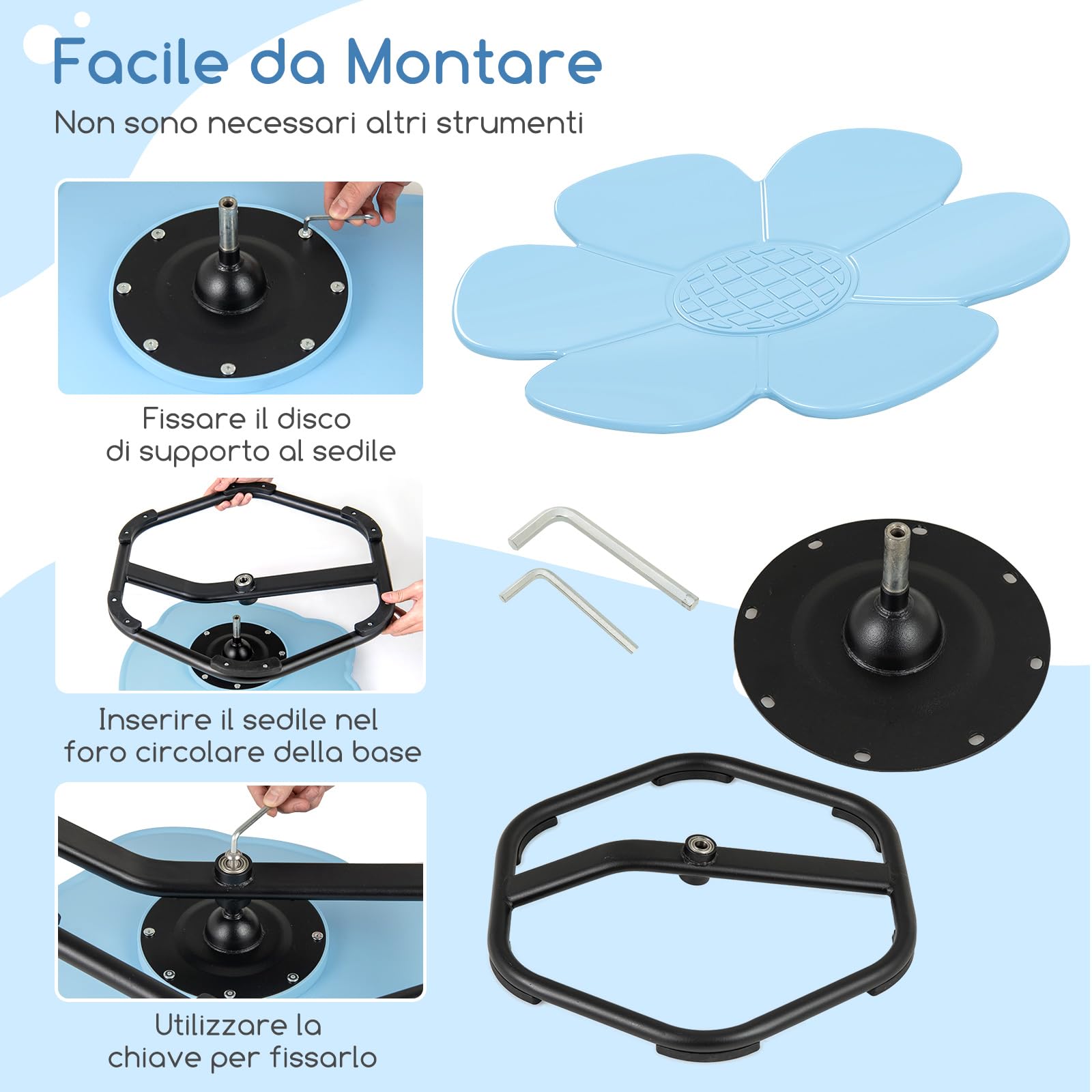 RELAX4LIFE Sedia Girevole 360° per Bambini, Base Metallica Antiscivolo per Sicurezza, Giocattolo Sensoriale per Equilibrio, Coordinazione e Cameretta, Portata 100 kg (Fiore,Blu)